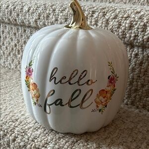 White Ceramic "Hello Fall" Decorative Pumpkin with Gold Stem